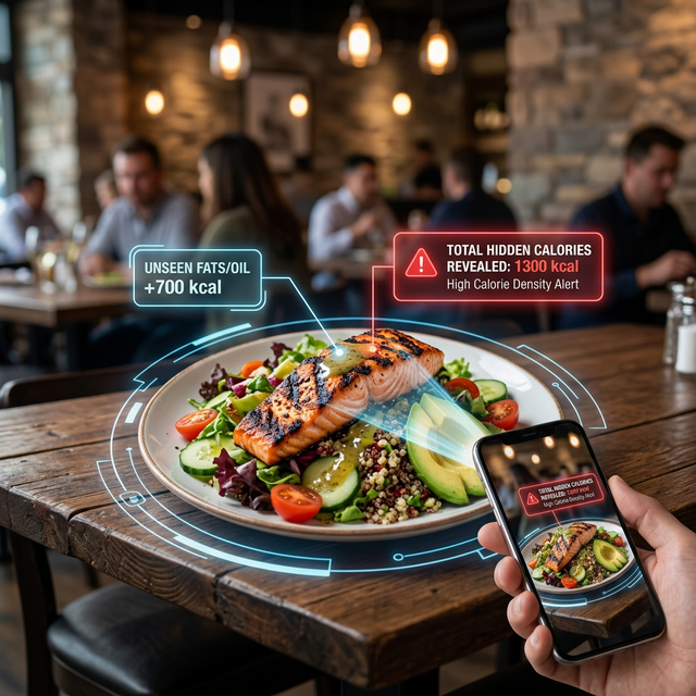 Restaurant meal with AI calorie overlay